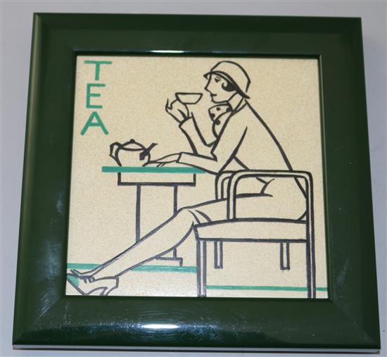 Edward Bawden for Poole Pottery. Tea. An earthenware tile, c.1930, 15cm sq.